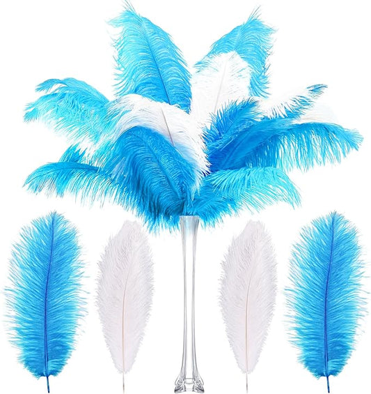 XunYee 60 Pcs 1920s Natural Ostrich Feathers Bulk 10-12 Inch/ 12-14 Inch Natural Large Feather for Wedding Dancing Birthday Party Centerpieces Carnival Decorations (White, Light Blue)
