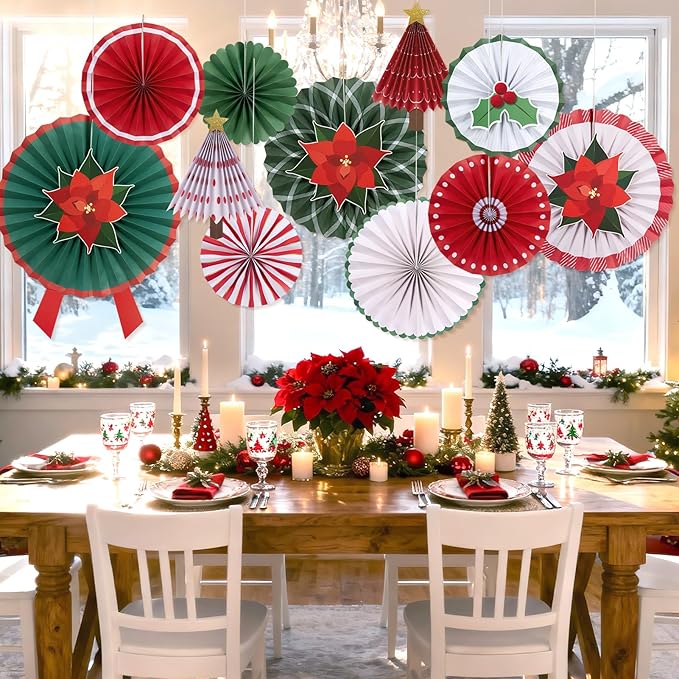 SUNBEAUTY Christmas Hanging Paper Fan Decorations Christmas Poinsettia Flowers Xmas Paper Star Topper Red Green Wall Ceiling Decor for Xmas Holiday Party Home Backdrop（Red）