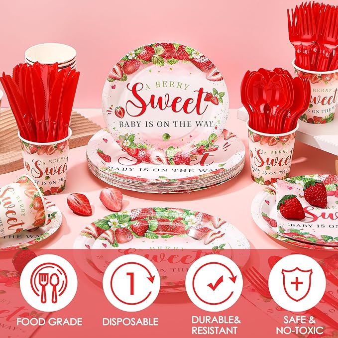 Sliner 175 Pcs Strawberry Baby Shower Paper Plates Napkins Cups Gender Reveal Party Supplies Tableware Set a Berry Sweet Baby Is on the Way Disposable Plates for 25 Guest Girls Summer Party Decoration