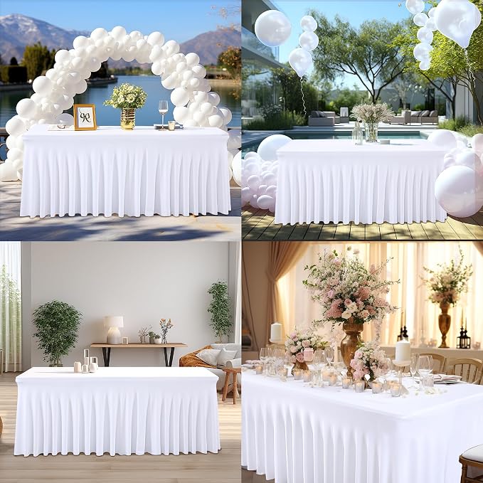 Shillance 8 Packs White Spandex Table Covers 8 Foot, Fitted Stretch Table Cloth with Skirts 96x30 Inch, Wrinkle-Free Floor Length Rectangle Tablecloths for Weddings Parties Banquets Events