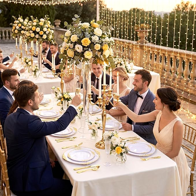 200PCS White and Gold Plastic Plates - Gold Disposable Plates - Gorgeous Wedding Plate 10inch Dinner & 7.25inch Dessert Plate for 100 Guests for Wedding & Party