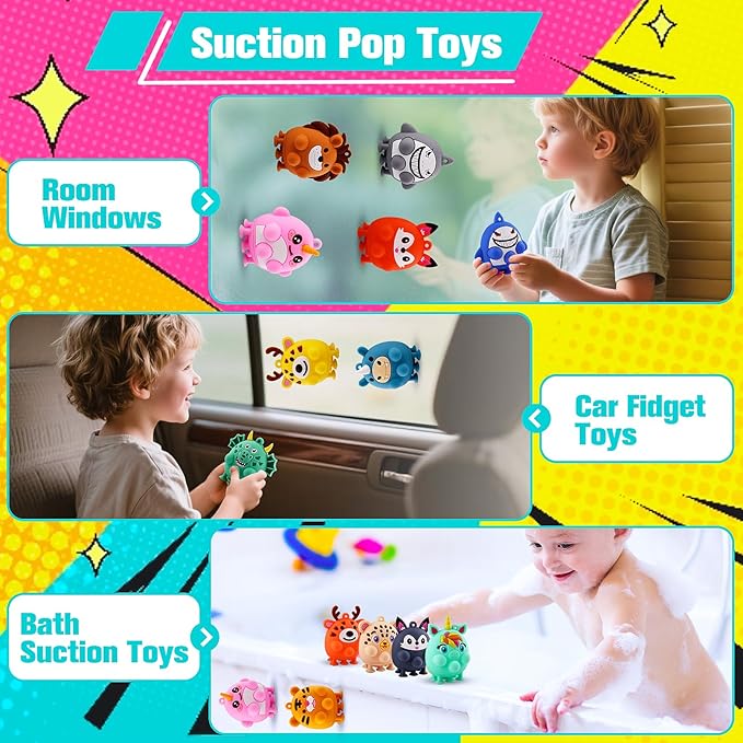 ChildFun 24 PCS Party Favors for Kids, Silicone Animal Pop Fidget Toys with Suction, Birthday Gifts for Boy Girls, Treasure Box Toys, Goodie Bag Stuffers, Prizes for Kids