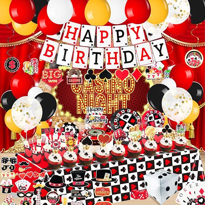 175Pcs Casino Party Decorations Set, with Plates Cup Tableware, Casino Backdrop, Foil Balloons, Balloons Stand, Birthday Banner, Cake Topper, for Las Vegas Poker Casino Night Party Supplies
