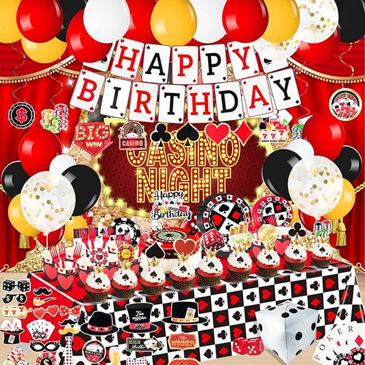 175Pcs Casino Party Decorations Set, with Plates Cup Tableware, Casino Backdrop, Foil Balloons, Balloons Stand, Birthday Banner, Cake Topper, for Las Vegas Poker Casino Night Party Supplies