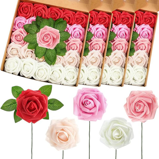100 Pcs Artificial Foam Rose Flower Faux Bouquet Wedding Fake Rose Gift for Mother's Day Women DIY Bridal Shower Party Table Birthday Home Spring Decor (Gradient Red)