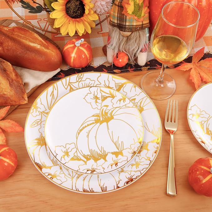 FLOWERCAT 60PCS Thanksgiving Plates & Gold Pumpkin Plates - Including 30PCS 10.25inch Thanksgiving Dinner Plates and 30PCS 7.5inch Dessert Plates for Giving Thanks Theme Party