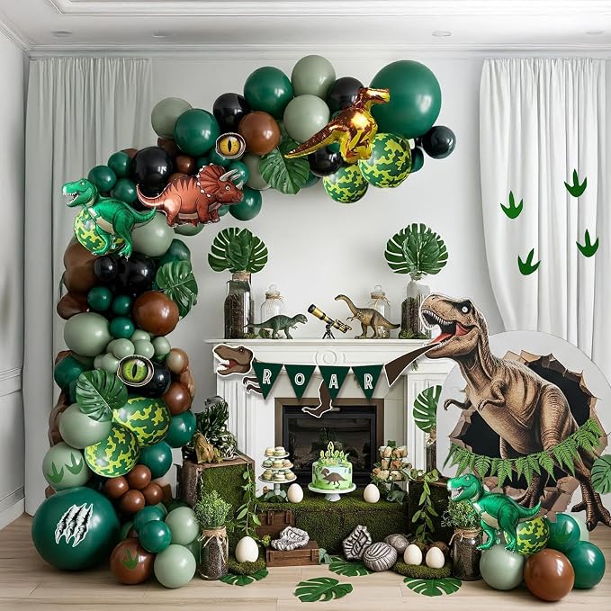 Dinosaur Birthday Party Decorations hunter Green black brown balloon arch kit with mini dino Foil balloons ROAR Banner Dinosaur eye stickers for jungle adventure Boy Scouts three rex Jurassic Supplies