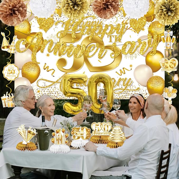 50th Anniversary Decorations, White Gold 50th Wedding Anniversary Decorations- Banner Backdrop Centerpieces Hanging Swirls Pom Pom Party Supplies