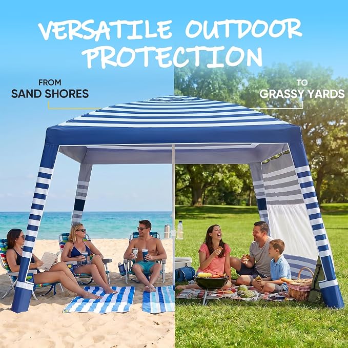 Sekey Beach Cabana - 8x8 FT Easy Setup Beach Shade Canopy UPF 50+ Sun Shelter with Sandbag & Side Wall, Large Portable Outdoor Tent for Family, Navy Stripe
