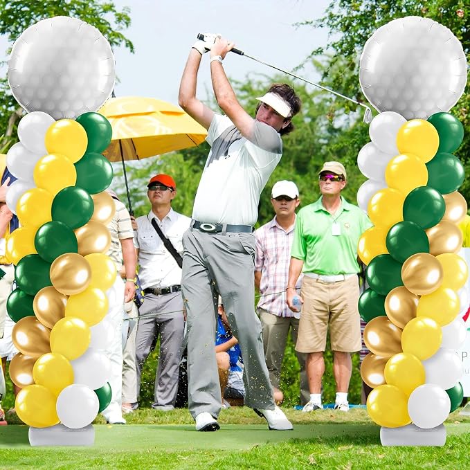 Kasyat 2 Set Golf Balloon Column Stand Kit with Adjustable Tower Stand Green and Yellow Golf Arch Party Supplies for Clubs Decorations Sports Birthday Party Supplies