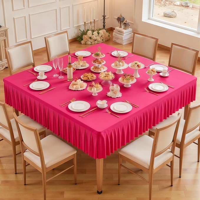Wish Care Hot Pink Spandex Tablecloths for 60x60 Inch Square Tables, Stretch Fitted Table Clothes with Pleated Ruffle Skirt for 60” Table, Wrinkle Free and Elastic, for Party Kitchen Home Dining
