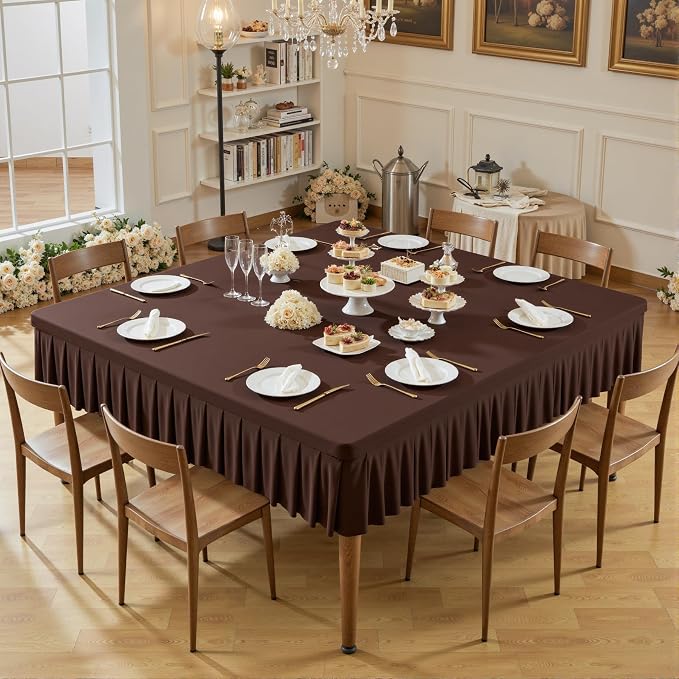 Wish Care Chocolate Spandex Tablecloths for 54x54 Inch Square Tables, Stretch Fitted Table Clothes with Pleated Ruffle Skirt for 54” Table, Wrinkle Free and Elastic, for Party Kitchen Home Dining