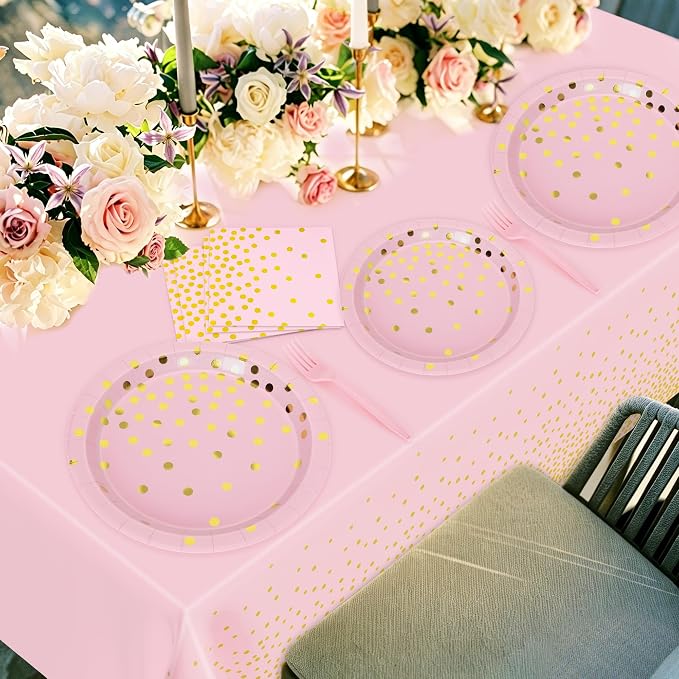 122 Pcs Pink Plates and Napkins Party Supplies, Birthday Decorations for Women Serves 30, Girl Baby Shower Decorations with Wedding Paper Plates, Golden Pink Party Supplies with Fork and Tablecloth