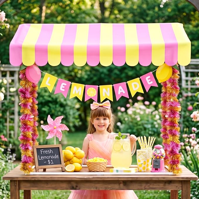 7 Pcs Lemonade Stand Supplies Lemonade Bar Party Decoration with 1 Set Plastic Stand 1 Yellow and Pink Striped Sunshade Cloth 4 Yellow and Pink Tinsel 1 Banner for Outdoors Summer Party Supplies