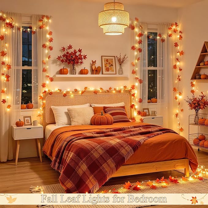 JMEXSUSS 48 LED Maple Leaf Lights, Battery Operated, 15.75 FT, Warm White | Fall Garland with Lights, Fall Lights Indoor, Vine with Fairy Lights, Indoor for Thanksgiving, Room, Autumn, Fall Home Decor