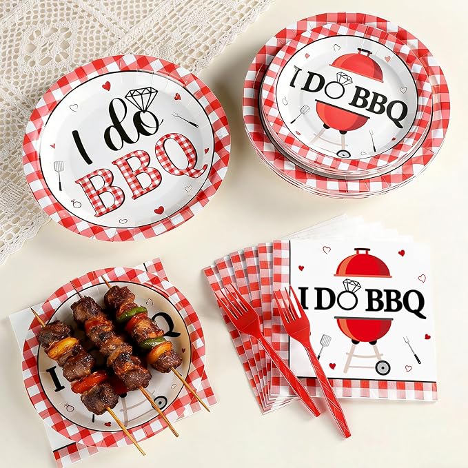 96Pcs BBQ Bachelorette Party Supplies Red and White Plaid Checkered Paper Plates and Napkins I DO BBQ Tableware Disposable Dessert Dinnerware for Barbecue Wedding Bridal Shower Picnic for 24 Guests