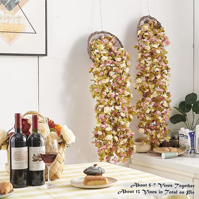 PONKING 8 Pcs x 8.2 ft Flower Garland Artificial Rose Vine Flowers with Green Leaves Hanging Fake Roses Vine for Room Party Home Wedding Birthday Christmas Wall Arch Decor, Champagne Pink Flower