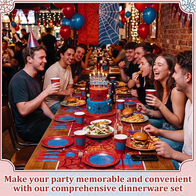 400 Pcs Spider Birthday Party Decoration for 50 Guests, Red Blue Paper Plates Napkins Cups Tablecloth Cutlery Disposable Tableware Set for Spider Web Party Supplies