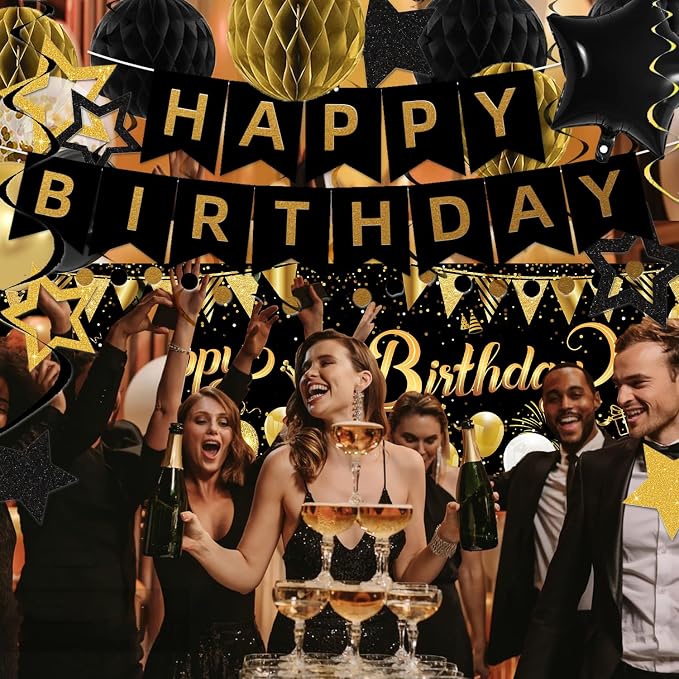 Gold Black Birthday Decorations, Happy Birthday Banner, Backdrop, Balloons, Honeycomb Balls, Star Foil Balloons, Stars Hanging Swirls & Cake Topper for Baby Boys Girl Men Women Birthday Decoration