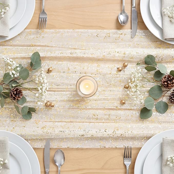 Artoid Mode Beige Gold Gauze Table Runner 59x120 Inch 10FT, Glitter Metallic Foil Sheer Dining Wedding Anniversary Holiday Birthday Table Decor for Home Party