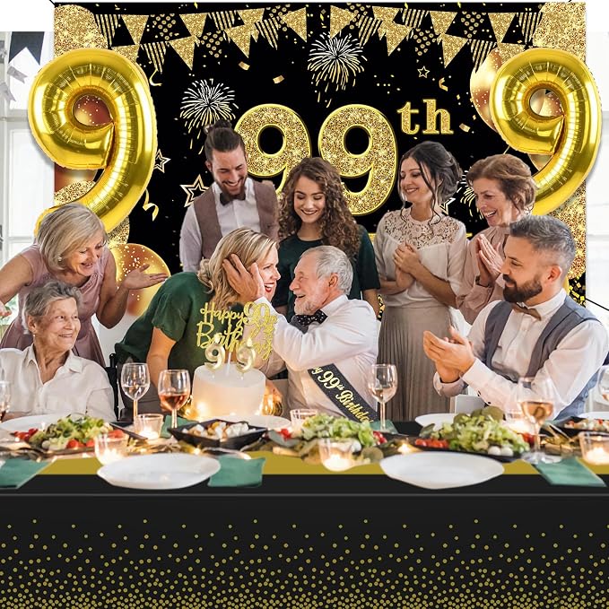 99th Birthday Decorations Men Women with 99th Birthday Banner, Black and Gold Table Cloth, Number Balloons, Large Sash, Cake Topper and Candles