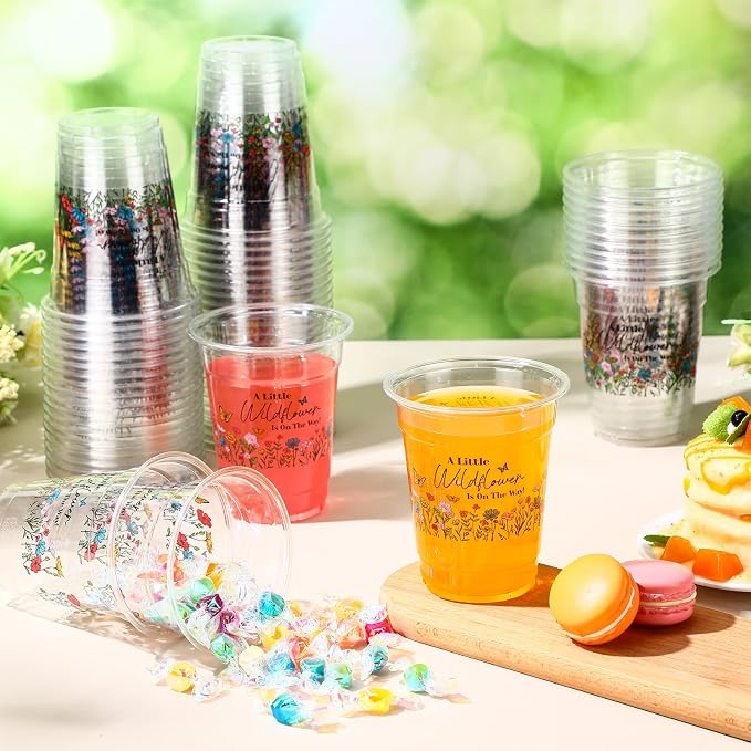 Funnymoom 60 Pack Wildflower Baby Shower Cups 12 oz Disposable Clear Plastic a Little Wildflower Is on the Way Cups for Wildflower Baby Shower Birthday Floral Spring Summer Party Decorations