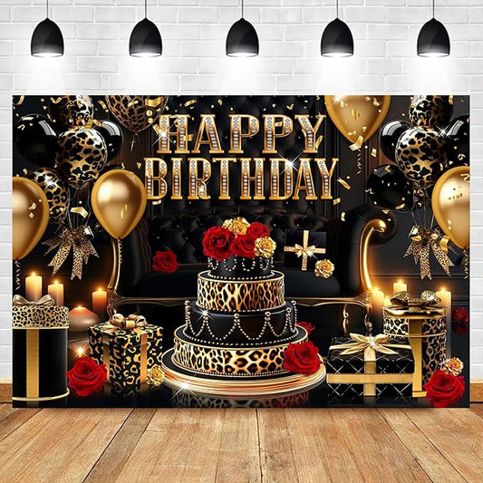 Happy Birthday Backdrop for Women 7Wx5H Feet Black Gold Leopard Print Cheetah Balloon Banner Decoration Red Rose Party Celebration Photography Background Photo Shoot Props Polyester Fabric