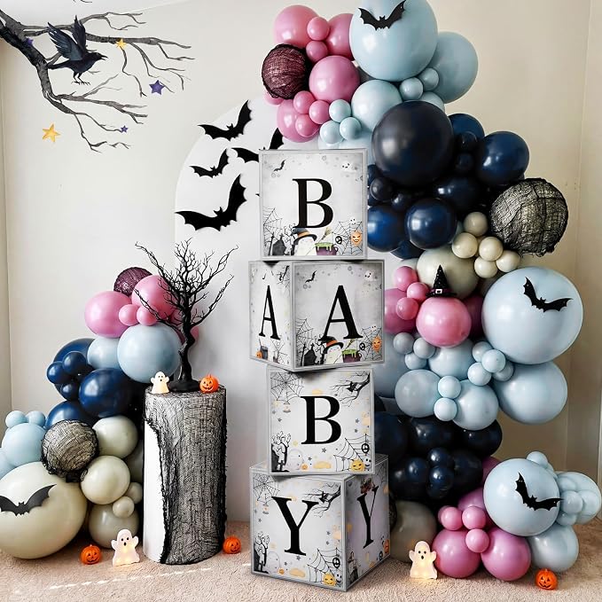 AmazingSpark 4 Pcs Halloween Little Boo Baby Shower Boxes with Letters Ghost Balloon Boxes Decor Blocks Baby Shower Centerpiece for Happy Boo Day Birthday Party Supplies Photography Prop