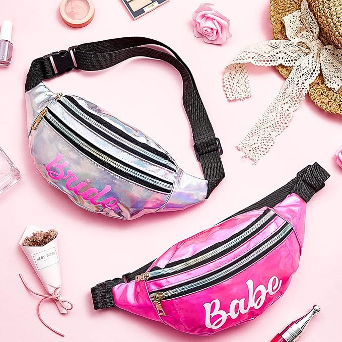 7 Pcs Bachelorette Party Fanny Pack Set Bride and Babe Pack Holographic Belt Laser Waist Bag with Adjustable Belt for Women Wedding Bridal Shower Party Favors