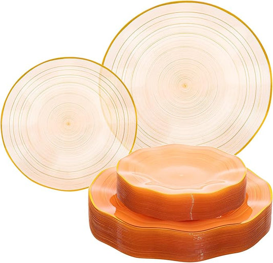 120PCS Orange Plastic Plates with Gold Rim, Heavy Duty Disposable Plates, Elegant and Fancy 60 Dinner and 60 Dessert Plates for Mother's Day, Party and Wedding