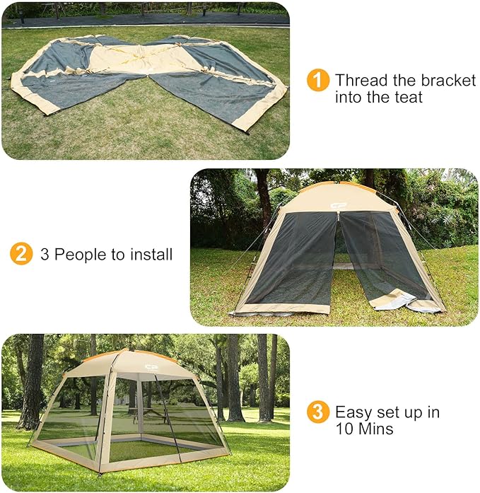CAMPROS CP Screen House 10 x 10 Ft Screened Mesh Net Wall Canopy Tent Screen Shelter Gazebos for Patios Outdoor Camping Activities - Beige