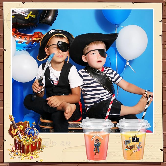 Qinyoung 60 Sets Pirate Plastic Cups Bulk 14 oz Pirate Treasure Theme Party Favor Supplies Ice Coffee Disposable Clear Plastic Cups Bulk with Lids and Paper Straws for Birthday Favors