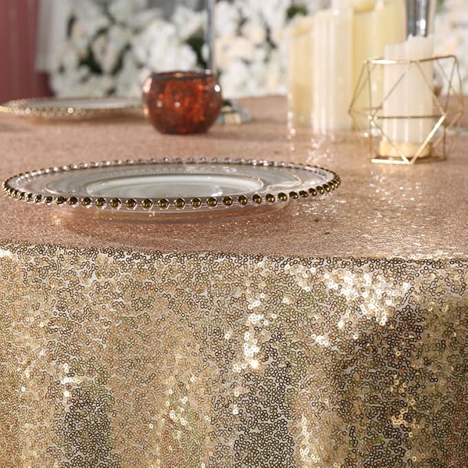 PartyDelight Light Gold Sequin Tablecloth Round 120" Table Linen for Wedding, Banquet, Party