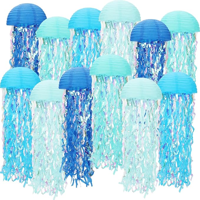 Baquler 12 Pack Jellyfish Paper Lanterns Blue Hanging Lanterns Under the Sea Party Decor Mermaid Ocean Themed Birthday Decorations for Baby Shower Nautical Pool Party