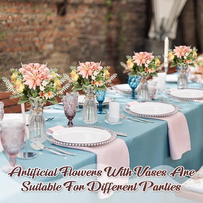Reallnaive 30 Pack Artificial Flowers Table Centerpieces Decorations with Plastic Vase Wedding Mason Jar 20 Bundles Silk Floral Bouquet 10 Clear Vase with Rope for Party Decor(Dahlia,Champagne)