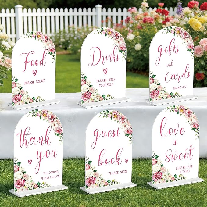6 Pcs Acrylic Wedding Signs Decor - Arch Wedding Sign with Base, Wedding Decorations for Reception Romantic Wedding Anniversary and Event Decoration Scenarios(4.7 * 6.8 Inch)