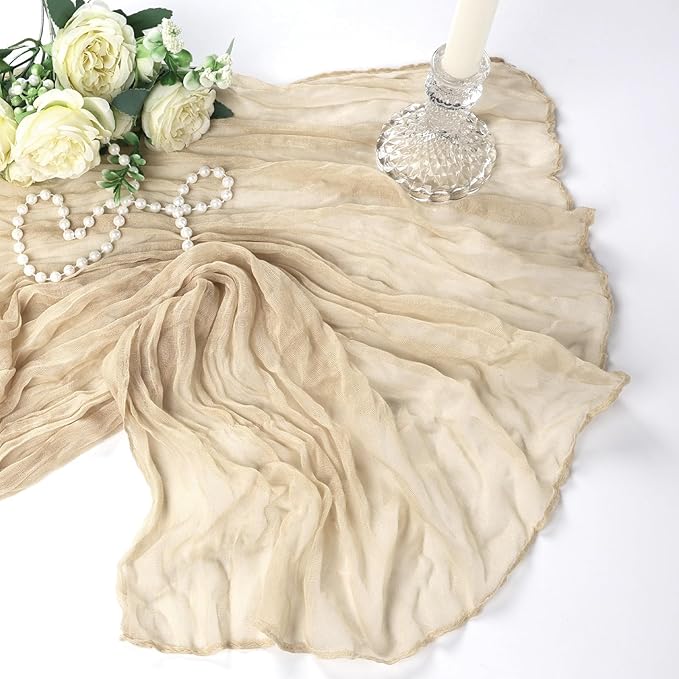 12 Pack Beige Cheesecloth Table Runner 10Ft Spring Gauze Cheese Cloth Table Runner 35x120 Inch Boho Sheer Rustic Fabric for Party Decor Baby Shower Wedding Holiday Decorations