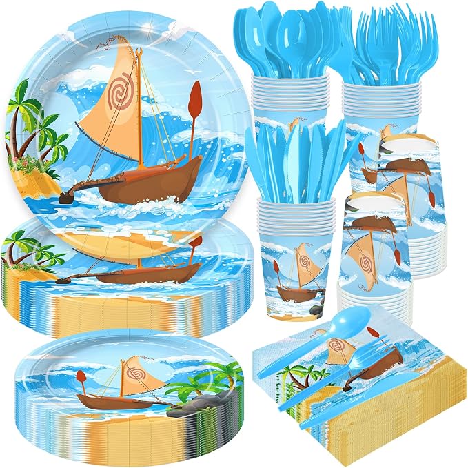 168Pcs Ocean Girl Party Decorations Cartoon Party Supplies Hawaiian Theme Birthday Decoration Paper Plates and Napkins Tableware Set for Girls Boys