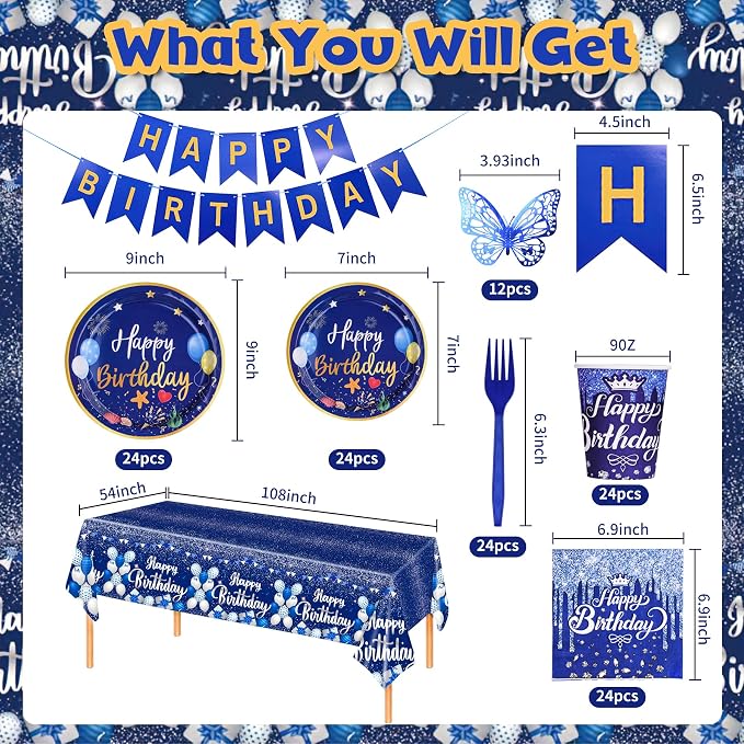 Blue Happy Birthday Party Supplies Tableware Set Birthday Decoration with Banner and Tablecloths Plates Cups Napkins Party Dinnerware for 24 Guests Men Boys