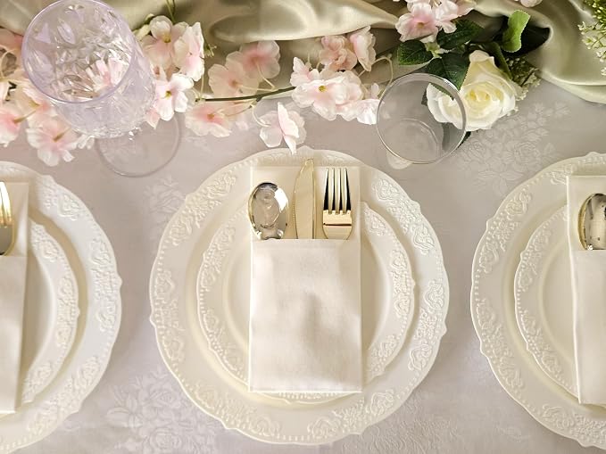 OCCASIONS 240 Pack (120 Guests) Fancy Vintage Disposable Plastic Plates Set, Heavy Duty Wedding Party Dinnerware, 120x10.25" Dinner, 120x7.5" Salad/Dessert, BPA Free, China-Like Look (Portofino Ivory)