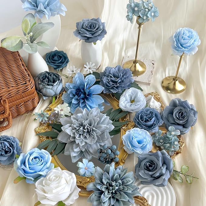 Dusty Blue Artificial Flowers Combo Box Set Silk Roses Dahlia with Stems DIY Bridal Wedding Bouquets Navy Royal Blue Cake Fake Floral Arrangements Baby Shower Party Table Centerpieces Home Decor Bulks