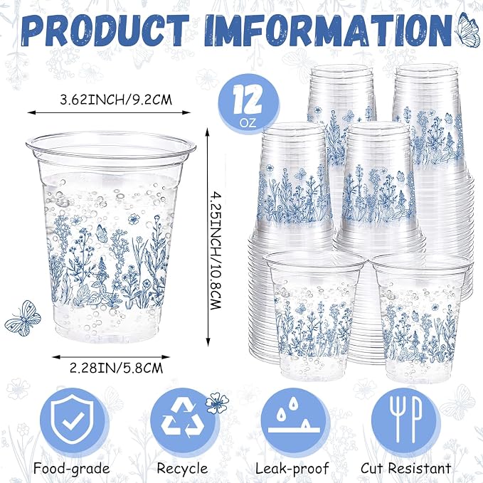Funnymoom 60 Pack Blue Floral Plastic Cups 12 oz Blue White Flower Wildflowers Disposable Clear Plastic Drinking Cups for Summer Spring Wedding Bridal Baby Shower Birthday Party Decoration Supplies