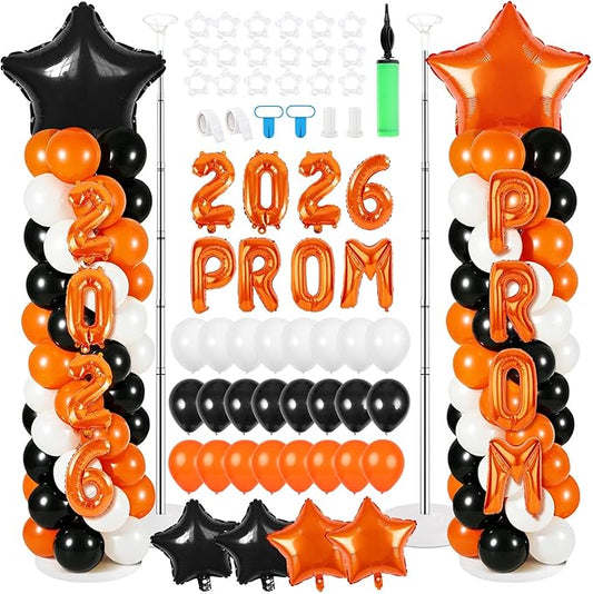 2 Sets Graduation Balloon Column Stand Kits with 132 PCS Orange Black White Latex Balloons 2026 Letters 6.5 Ft Adjustable Metal Tube Telescopic Tower Pillar with Base for Graduation Party Decoration
