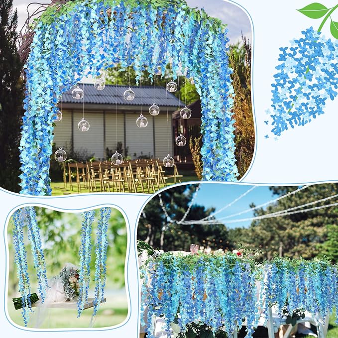 Thiccywoov 12pcs Wisteria Artificial Flowers Garland, 7.2Ft/Piece Wisteria Hanging Flowers Garland for Wedding Arch Decoration Outdoor Ceremony Home Backdrop Garden (Light Blue,Dark Blue)