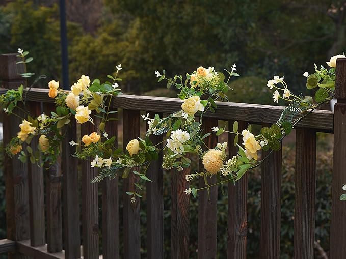 MISSPIN 5.9Ft Eucalyptus Garland with Flowers, Artificial Fake Flower Greenery Spring Garland for Baby Shower Wedding Mantle Table Centerpiece Spring Decor