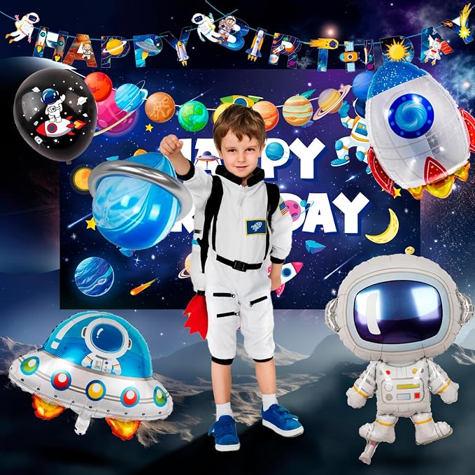 132pcs Space Birthday Party Decorations, 16 Guests Outer Space Birthday Tableware Set Outer Galaxy Party Plates Solar System Tablecloth Astronaut Balloons etc Space Astronaut Party Decorations