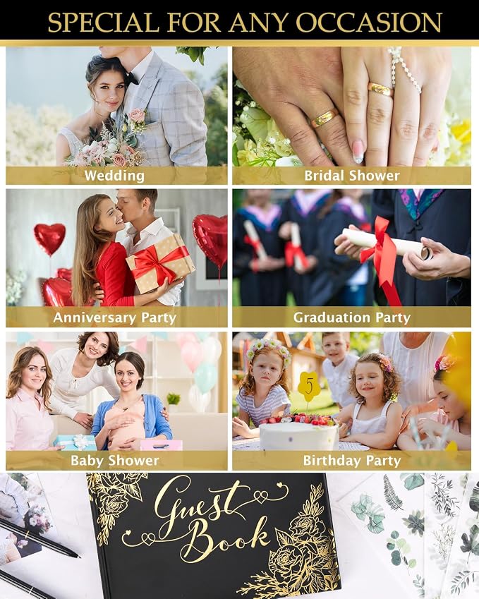 Black Wedding Guest Book - Guest Book Wedding Reception with Pens - 9x7'' Personalized Wedding Guestbook Photo Album Sign in Book - Gold Foil Hardcover & Gilded Edges for Weddings Baby Shower Party