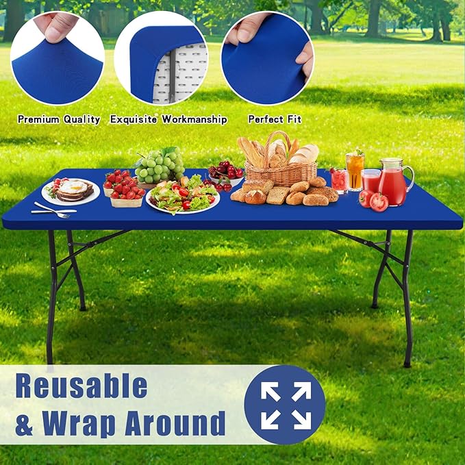 Moosfor Spandex Rectangle Table Cloth 4 Pack, Elastic Fitted Tablecloths for Picnic, Stretch Washable Patio Table Cover for Outdoor, Camping, Banquet and Parties (Blue, 36"x72")