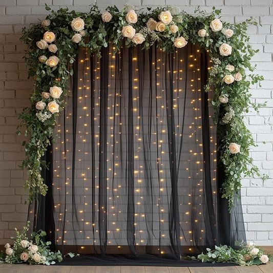 Black Tulle Backdrop Curtain with Lights - 10x8ft Sheer Backdrop with 250 LEDs for Wedding, Baby Shower, Bridal Shower, Birthday Party Photo Shoot Background and Home Decorations