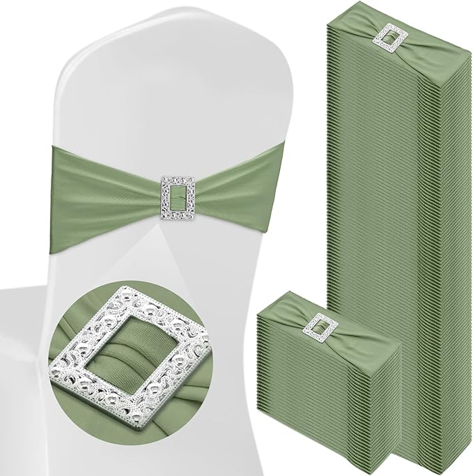 VitalCozy 100 Pcs Spandex Chair Sashes with Square Buckle Slider Stretch Chair Cover Band Universal Elastic Ties Straps Bows for Wedding Banquet Event Party Decoration(Sage Green)